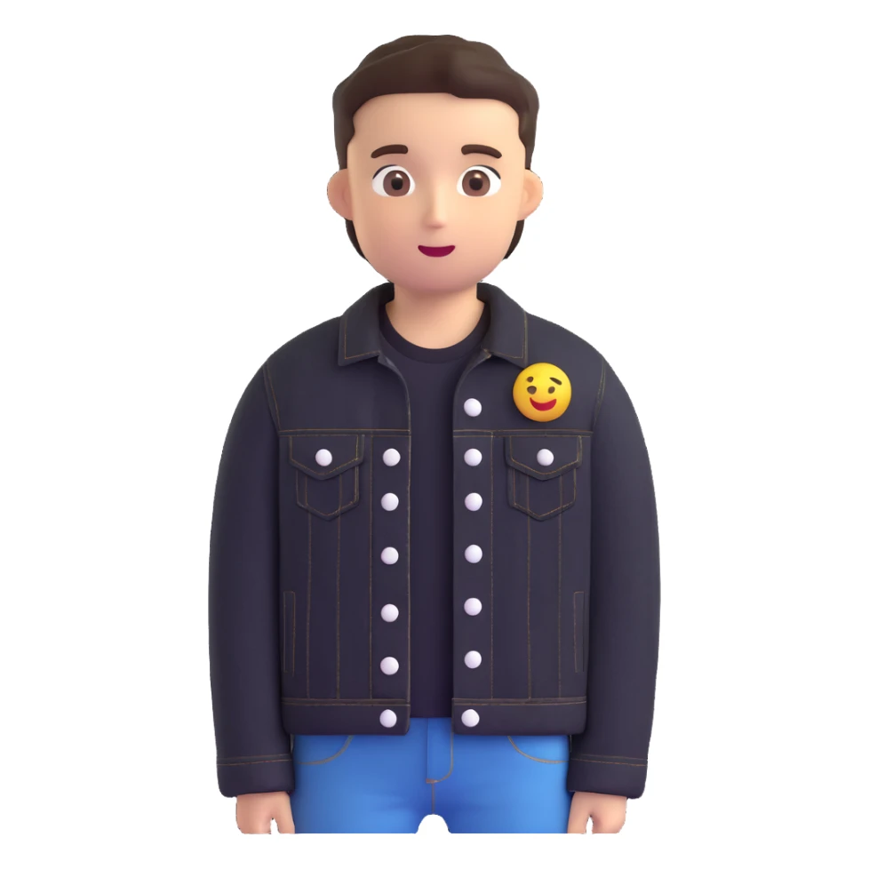 Change the boy's outfit to a black denim jacket with white buttons, keeping the 3D emoji style unchanged. sticker