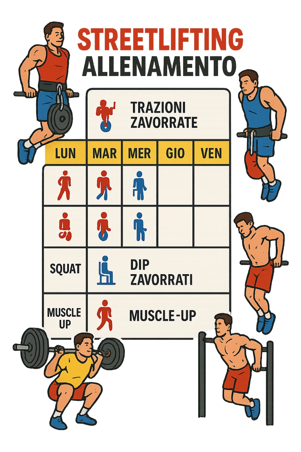 a streetlifting training sheet with icons for each exercise—weighted pull-ups, weighted dips, squats, muscle-ups—organized in a weekly schedule. Around the sheet, small illustrations show athletes performing each movement with proper form. The color palette is bold and energetic, and the background is clean and minimal. in italiano sticker