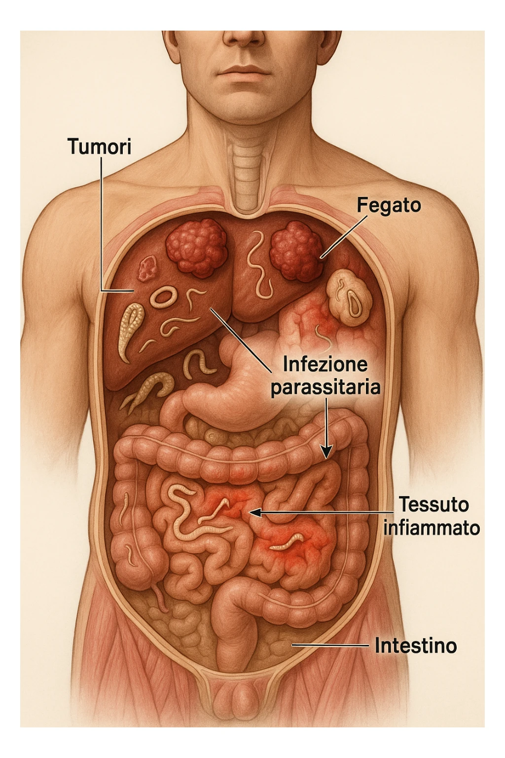 a cross-section of a man’s torso displays various types of parasites embedded in the liver, intestines, and other organs. Tumor growths and inflamed tissues are clearly depicted, with arrows or labels explaining the link between parasitic infection and health problems. The mood is cautionary and informative. in italiano sticker