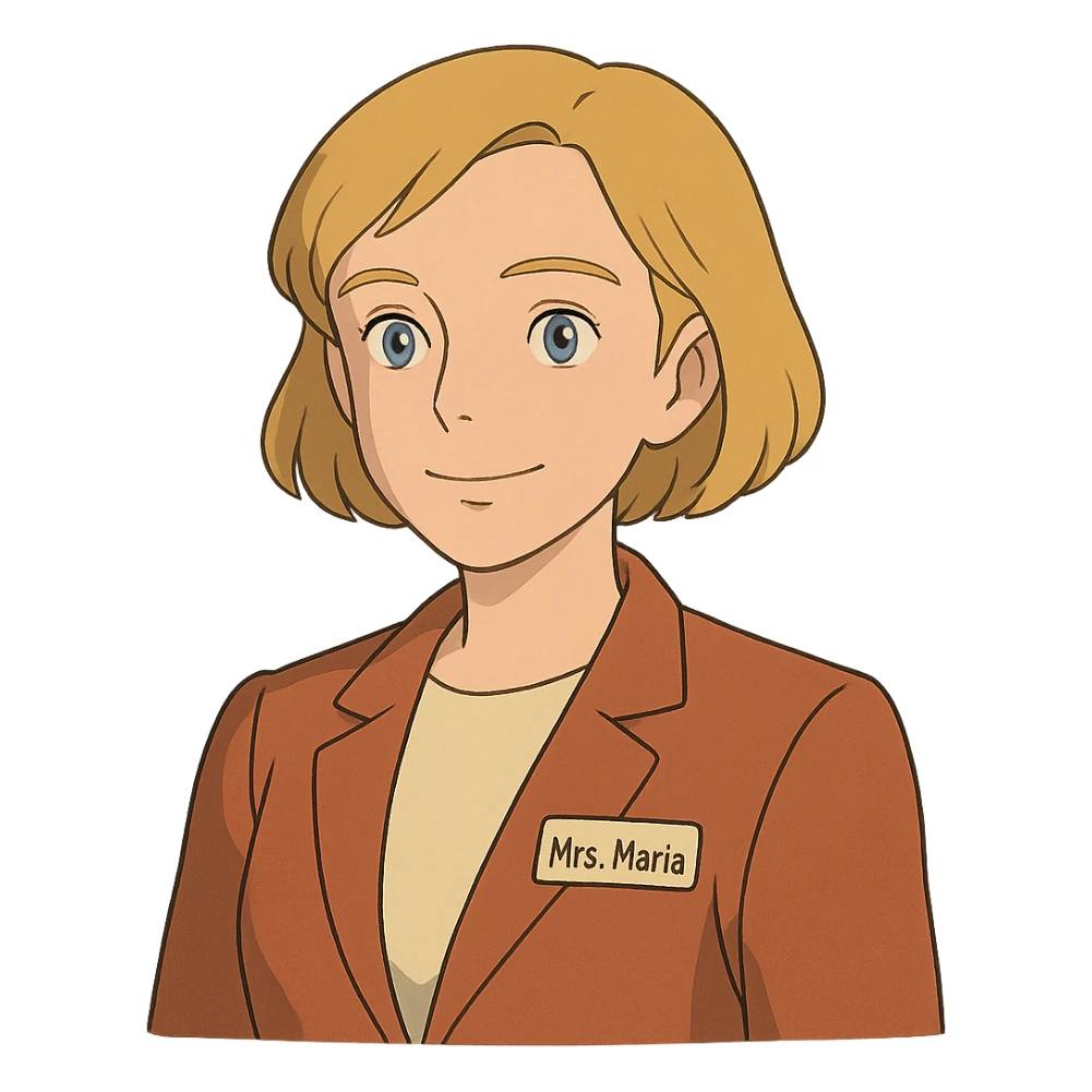 ghibli style Mrs. Maria, math and artificial intelligence teacher, no glasses, thin nose, blonde eyebrows, blonde bob hair, blue eyes sticker