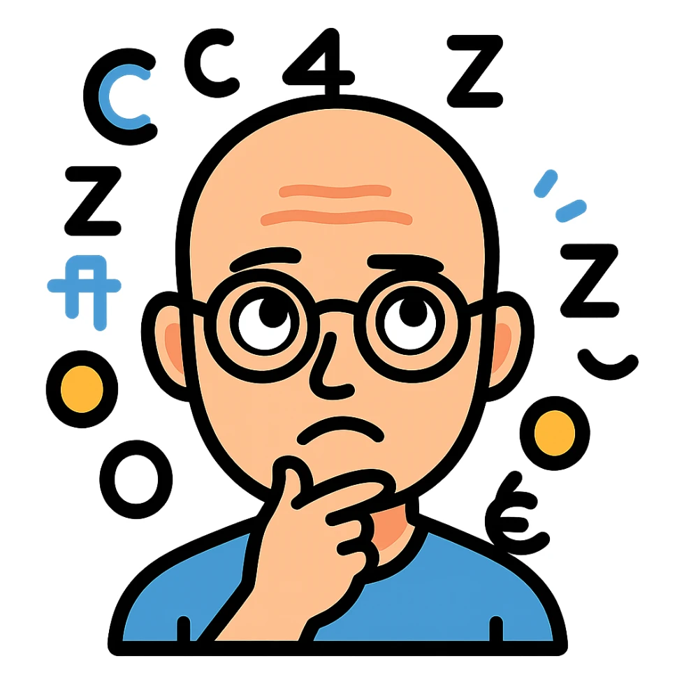 Add a thinking expression to the bald headed man with glasses and math symbols over his head, keep the background transparent. sticker