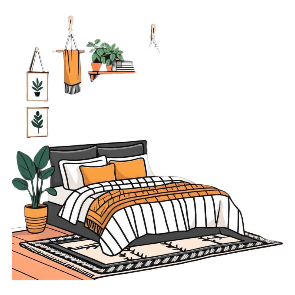 modern bohemian bedroom with hanging plants, layered patterned rugs, and lots of cozy blankets on bed sticker