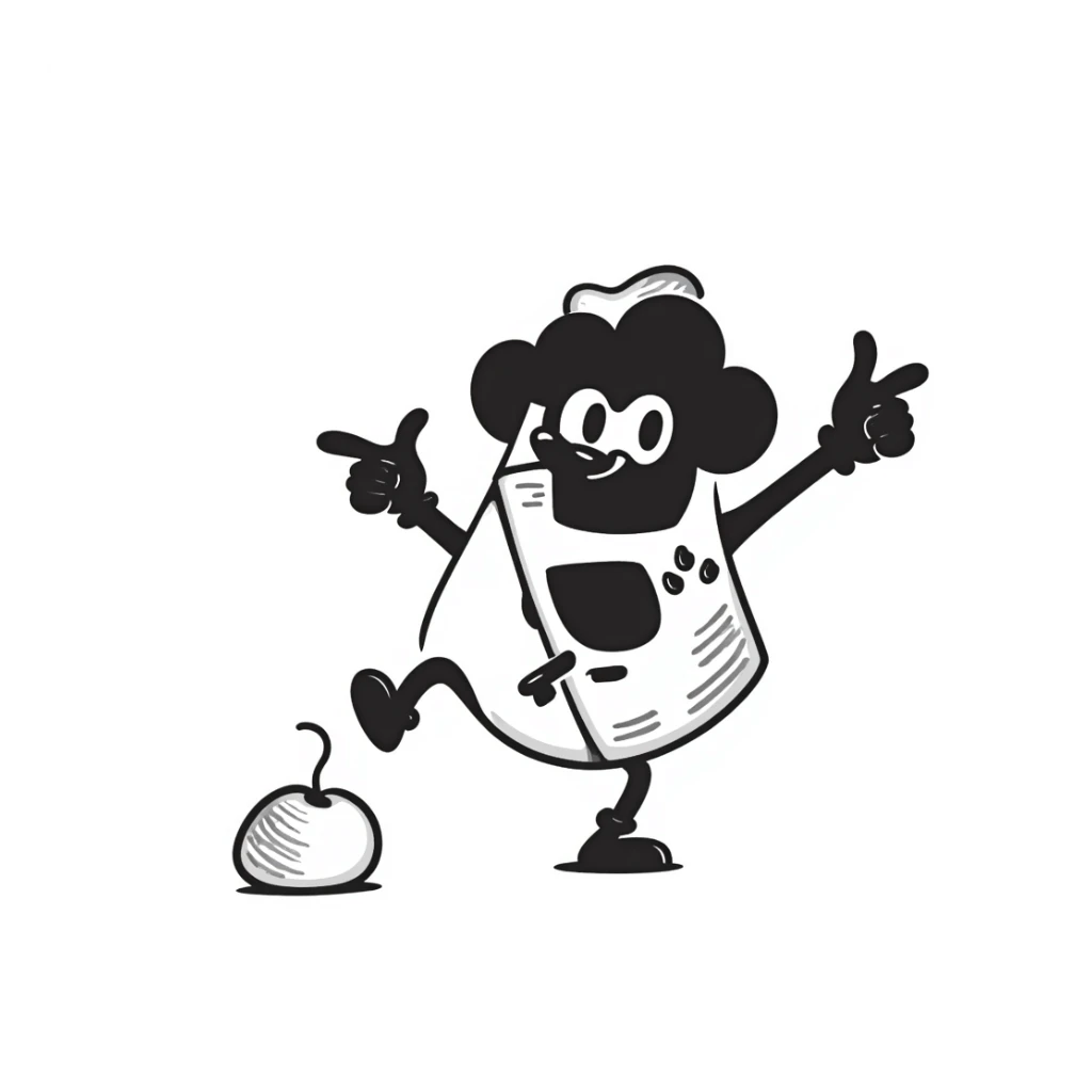 1930s style cartoon gameboy console character, cuphead-style, in black and white, on a plain white background, pointing at something.

 sticker