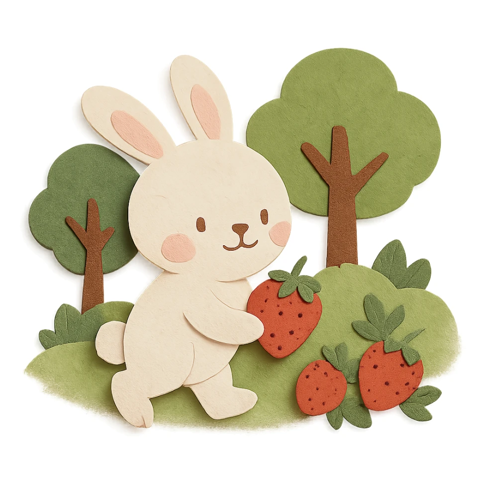 bunny picking strawberries in the woods, sweet pastel red, paper-craft style sticker