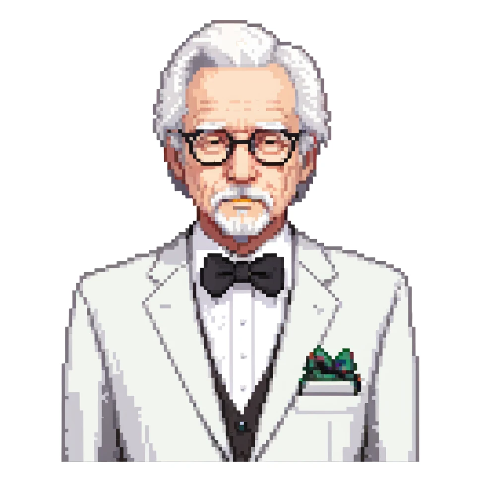 Colonel Sanders KFC, old man with white hair, white goatee, black bow tie, white suit, glasses sticker