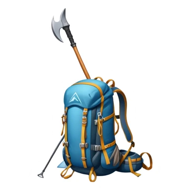 Icon for Mountain Tourism and Climbing: a mountain peak in the background, an ice axe, and climbing gear and backpack. The icon should capture the adventure and challenge of alpine exploration. Transparent background. sticker