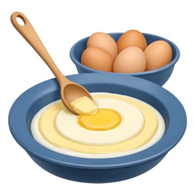 a dozen eggs, a ceramic mixing bowl with a wooden spoon and a plate of butter sticker