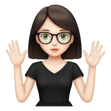 a cute white brunette girl with green eyes in a black dress wearing glasses  with two hands  sticker
