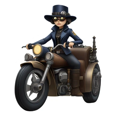 Bounty hunter Wednesday Addams Jedi wearing a pair of navy-blue rimmed steampunk goggles, hat, leather chaps, fringe jacket riding a relaxed sci-fi 3 wheeled steampunk rat rod motorcycle with large fenders and saddlebags in desert town  sticker