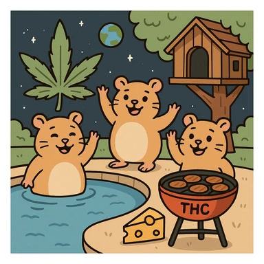 Discord server icon, 512x512 px, square format, summer pool cookout scene with up to 3 hamsters waving and smiling, weed leaf, cheese, and THC theme, near a treehouse, in space. Flat toon style, soft but colorful, bold outlines, nostalgic, fun, inviting, summer party vibe, clear composition, less vibrant colors, crisp details, designed to look good even at tiny size. sticker