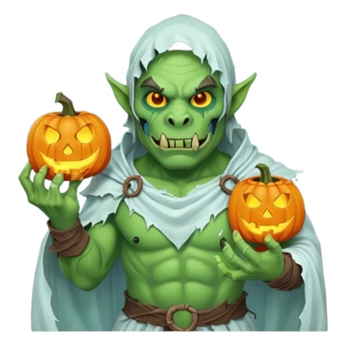 male orc warrior ghost emoji, green skin, tusks, wearing torn white ghost sheet costume, holding glowing jack-o'-lantern, faint blue aura, friendly but spooky expression, Halloween fantasy theme, Apple emoji style, clean white background, square sticker