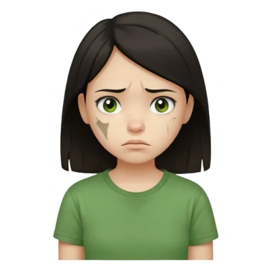 Young girl with straight, dark hair, damaged and unattractive, wearing a green T-shirt, looking sad sticker