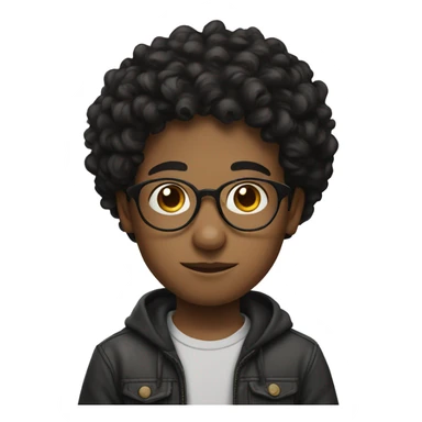 a boy , rounded glasses , short curly black hair , tin nose and mouse and large face sticker