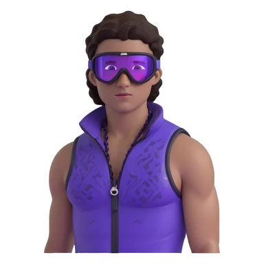 male athlete with white skin and moderately curly dark brown hair on top with shaved sides, wearing ski goggles with purple frames and very dark black lenses, a simple plain black chain necklace, and a completely unzipped sleeveless vest with purple and black sequin fire pattern design with no logo, fully revealing his chest, shoulders and arms, no earrings sticker