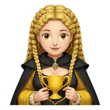 Helga Hufflepuff, 2 curly thick brown braids, yellow-black medieval dress, black cloak decorated with gold braiding, tiny two-handled shiny yellow-gold cup, very kind smile, curvy busty sweet woman, thick rosy cheeks sticker