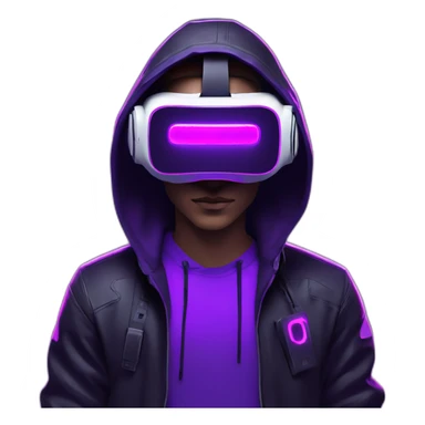 Cyberpunk style. Violet neon. man with white skin in the black hoody with violet OMG VR logo on it wearing vr headset oculus quest 2 sticker
