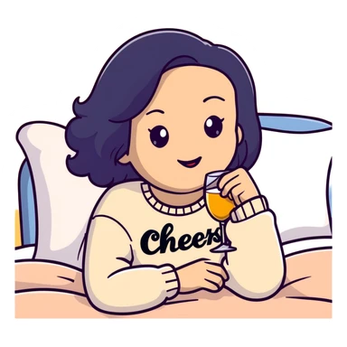A woman with shoulder-length black hair, light to medium skin tone, full cheeks, and almond-shaped eyes, wearing a white sweater with the word 'cheers' in gold script, lying comfortably on a bed with soft lighting, joyful and radiant expression sticker