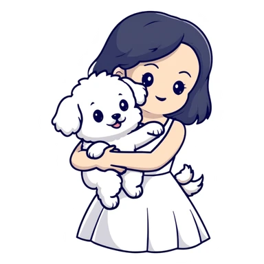 A beautiful girl with long black hair wearing a white dress holds a small white Bichon Frise in her arms sticker