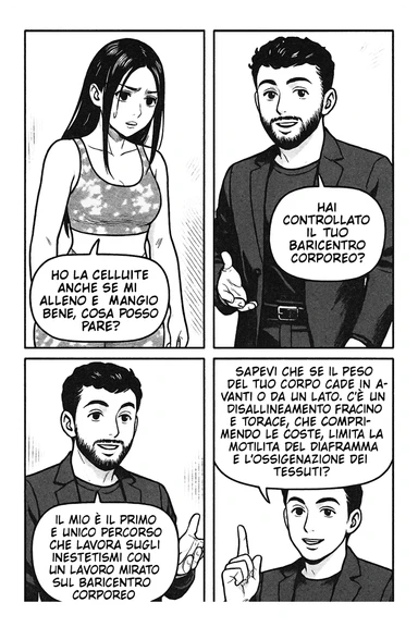 TRASFORMA QUESTO CAROSELLO IN UN FUMETTO STILE MANGA CON QUESTE DUE PERSONE IDENTICHE CHE INTERLOQUISCONO TRA LORO:

LEI: Ho la cellulite anche se mi alleno e mangio bene, cosa posso fare?

LUI: Hai controllato il tuo baricentro corporeo?
LUI: Sapevi che se il peso del tuo corpo cade in avanti o da un lato, c’è un disallineamento fra bacino e torace, che comprimendo le coste, limita la motilità del diaframma e l’ossigenazione dei tessuti?
LUI: Il mio è il primo e unico percorso che lavora sugli inestetismi con un lavoro mirato sul baricentro corporeo. sticker