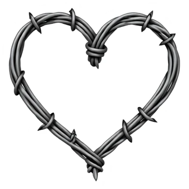 Minimal black line art heart made from barbed wire, hand-drawn sketch look, uneven ink strokes, 6–7 barbs with twisted knots, simple clean outline, centered on plain white background, high contrast sticker