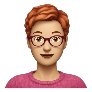 45-year-old Dutch white woman with bordeaux red colored short hair, pink sweater and gold glasses sticker