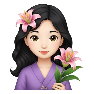 Asian girl, black wavy hair, cute, lily flowers  sticker