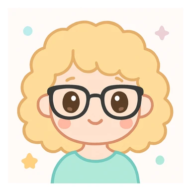 portrait d'une fille, cheveux bouclés blonds foncé, lunettes noires, yeux marrons, style kawaii sticker