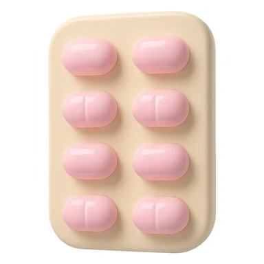 light pastel pink glossy pills in a light beige blister pack, no background, vinyl figure 3D emoji style sticker