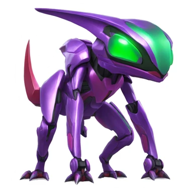 a shiny purple-green-red Genesect-Raptor-Fakémon—hybrid with a futuristic visor-helmet full body sticker