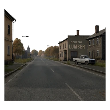 a view of the city street in a videogame: DayZ - in the town of berezio "lumber" sticker