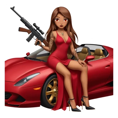 Lilith tan skinfemale red eyes symbol. Tattoo arms. Her hair is brown straight long hair.wearing sexy long ruby covered dress with slit. black stiletto thick platform high heels shoes on. Sitting on gold giant luxury car with cash on her. She is holding a sniper rifle in one hand cash in other hand sticker
