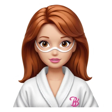 A Barbie face with shoulder-length reddish-brown hair, makeup, a smeared face mask, and a bathrobe. sticker