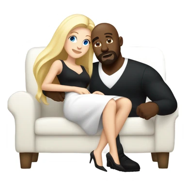 Blonde woman with blue eyes and long straight hair wearing a short black dress and a black man who is bald with a goatee seated together on a sofa enjoying a passionate embrace.   sticker