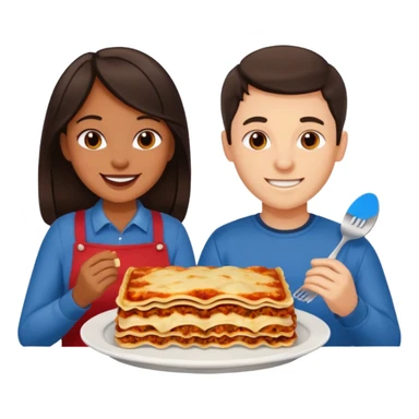 smiling tan girl with dark hair and white guy with dark hair eating lasagna sticker
