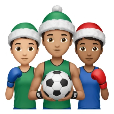crie a imagem de 3 atletas de modalidades diferentes, usando elementos esportivos, como por exemplo bola de futebol, luvas de luta e bola de vôlei... e usando um chápeu de papai noel das cores verde e azul. sticker