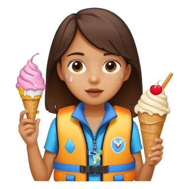 girl kid wearing lifejacket, holding ice cream sticker