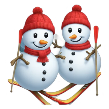 two snowmen in red hats skiing sticker