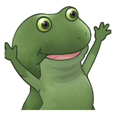 happy green bufo frog jumping with arms up, beach background, sunlight shining, party mood sticker