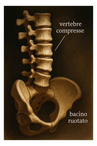 realistic anatomical illustration, exclusive focus on compressed vertebrae, lateral view, compression due to rotated pelvis, dramatic clinical lighting, Italian captions, aspect ratio 2:3 sticker