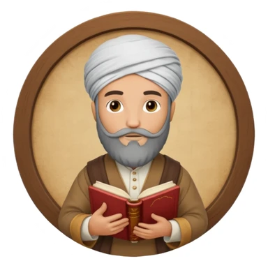 İbni Rüşd as a wise philosopher inside a circle frame, wearing classic Andalusian clothes, bearded, turban on head, holding a book, simple and clear style sticker