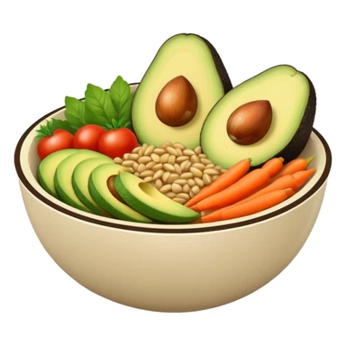 Minimalistic flat vector icon, iOS style, thin black contour on white background. Bowl with vegetables, grains, and avocado slices inside. Clean, no text, no shadows sticker