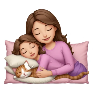 girl with wavy long brown hair, brown eyes, light to medium complexion, long lashes, light pink lipstick, smiling, wearing light pink shirt, sleeping on a cozy pillow, with brown tabby cat, sleeping sticker