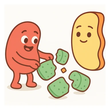 Ultra-detailed emoji-style illustration of enzyme digestion: Red amylase breaking green starch into sugars near a yellow cell membrane. Clean white background, no text. Scientific but simple, cartoon-exact shapes sticker
