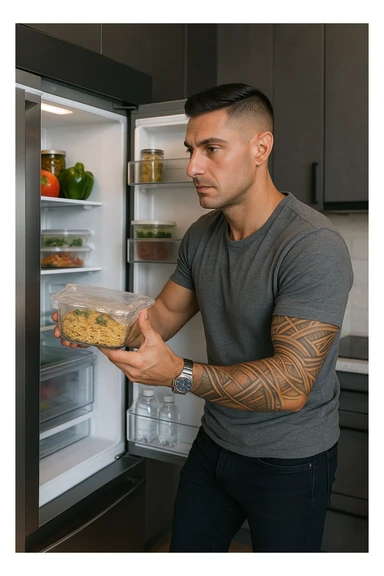 Uomo che mette nel frigo il suo pasto cucinato sticker