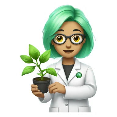 cyborg scientist wearing a lab coat and holding a small plant, woman with green hair, undercut hair cut sticker