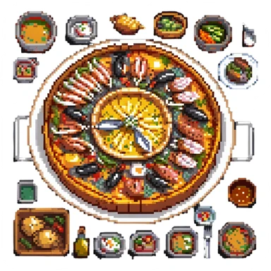 pixel art paella, top-down view, colorful ingredients sticker