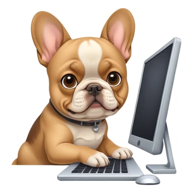 Frenchie working behind computer sticker