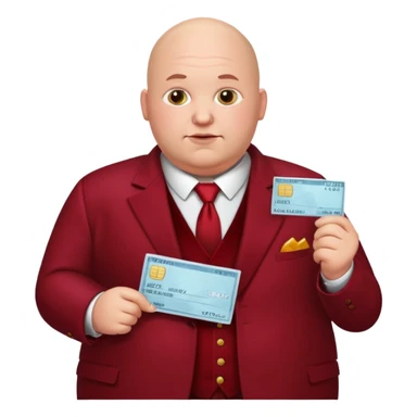 fat guy bold head in dark red velvet suit holding cheque sticker