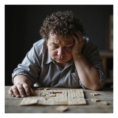 Obese person trying to solve a puzzle or sudoku, pieces not fitting or scattered, frustrated expression, hyperrealistic 4K details. sticker