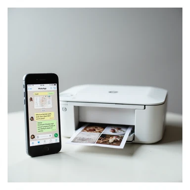 realistic thumbnail for a WhatsApp print out service, phone on the left displaying WhatsApp chat with image and document icons, printer on the right outputting printed photos and documents, simple background sticker